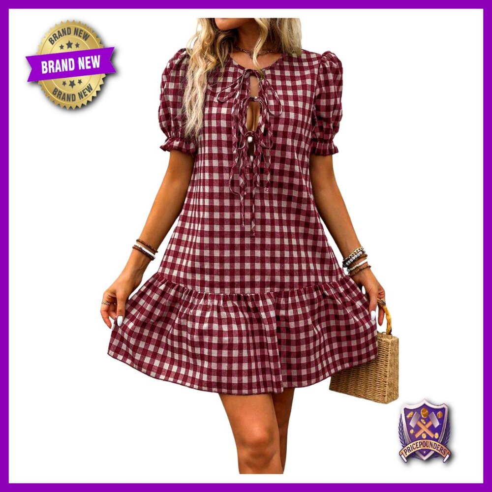 Puff Sleeve Gingham Ruffle Dress Tie Front Flared Short Casual Chic